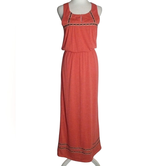 THML Boho Embroidered Flowy Tank Style Lined Maxi Dress Melon Size Small - Picture 1 of 9